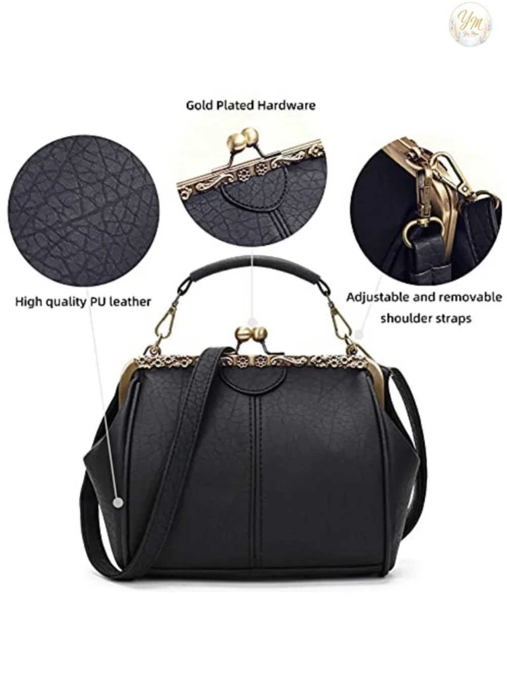Retro PU Leather Clutch Crossbody Bag with Kiss Lock Closure, Evening Purse,
